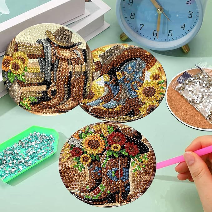 8 Pcs Diamond Art Coasters Kits, Cowboy Boots Diamond Painting Coasters Kit