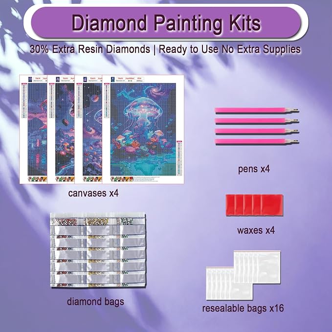 DOZEEZOP 4-Pack Diamond Art Kit for Adults, 5D Diamond Painting 12x16 Inch | Mushroom pictures, Full Round Drills, Home Wall & Shelf Decor, Beginner-Friendly DIY Craft, Stress Relief, All-Occasion Gift