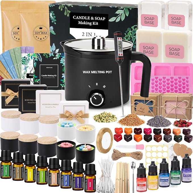 BISWYLBLJ Candle & Soap Making Kit for Adults,Complete DIY Craft Gift Kit | 2-in-1 Candle&Soap Making Supplies with Soap Base,Soy Wax,Melting Pot Etc,Craft Gift Making Suitable for Beginners