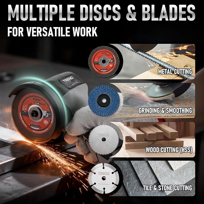 TEENO Cordless Angle Grinder Kit, 19,500 RPM Mini Handheld Grinder Tool with 2x 16.8V 2000mAh Batteries & 6 Discs, 3-Inch Cut-Off Grinder for Metal, Wood Cutting, Grey