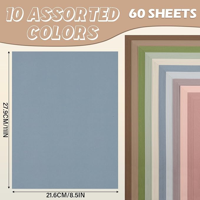 60 Sheets Morandi Mixed Colors Cardstock 92LB Construction Paper 8.5 x 11In