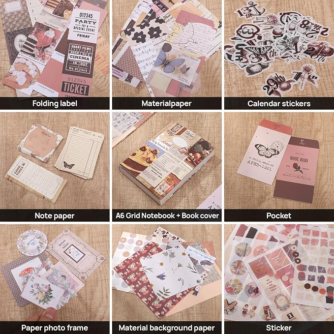 Upgraded Scrapbook Photo Album Supplies Kit with Tweezers and Glue Tape – Vintage Aesthetic Junk Journal Kit, Large Scrapbooking Paper, Sticker Pack, Notebook, DIY Craft, Gift for Adults (Goodtime)