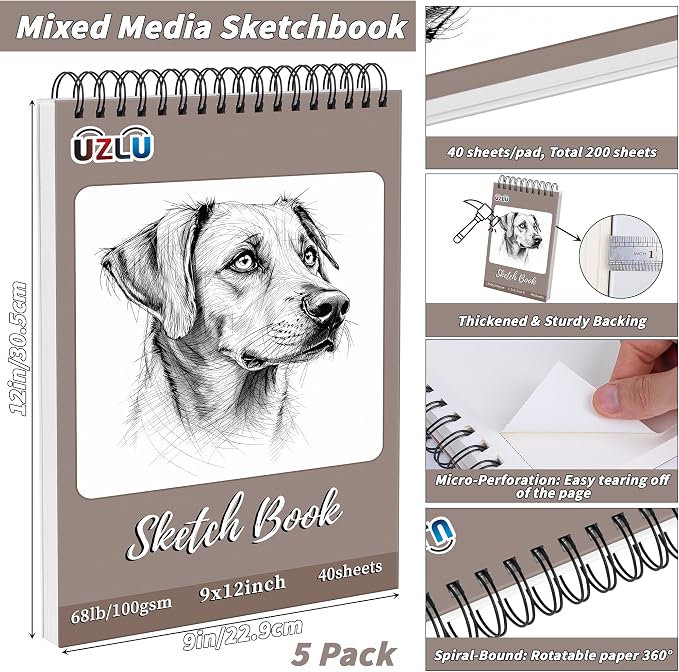 5 Pcs Sketch Book Bulk 9 x 12 in 200 Sheets Top Spiral Bound Sketch Pad Drawing Paper 40 Sheets Each Acid Free Mixed Media Sketchbook 68lb/100gsm Art Supplies for Beginner Artist