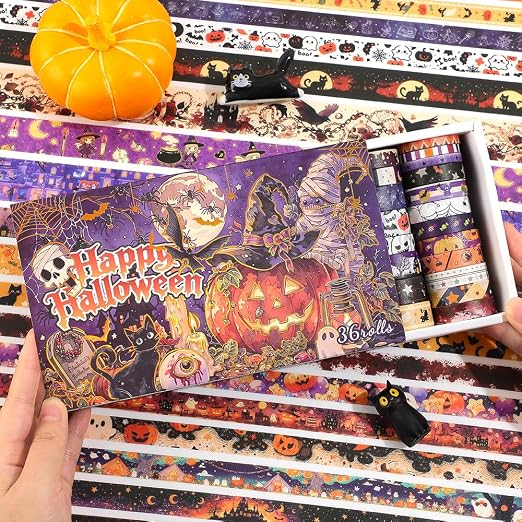 icceemee Halloween Washi Tape Set 36 Rolls, Vintage Pumpkin Ghost Bat Spider Witch Decorative Masking Tape, Holiday Craft Tape for Journaling Scrapbook Gift Wrapping Card Making DIY Crafts