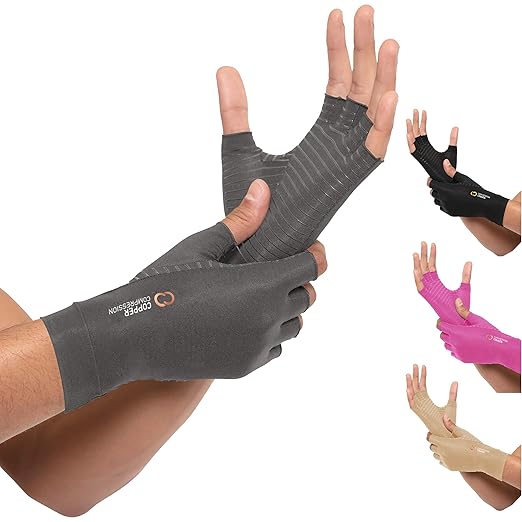 Copper Compression Arthritis Gloves | Fingerless Arthritis Carpal Tunnel Pain Relief for Men & Women | Hand Support Wrist Brace for Neuropathy, Rheumatoid, Tendonitis, Swelling, Typing Grey Small