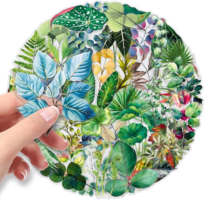 50Pcs Fresh Leaf Transparent Stickers Pack,Aesthetic Green Leaf Decor for Laptop Gifts for Kids Teens Adults Waterproof Vinyl PET Foliage Stickers for Scrapbook Bike Party (Colourful-F2)