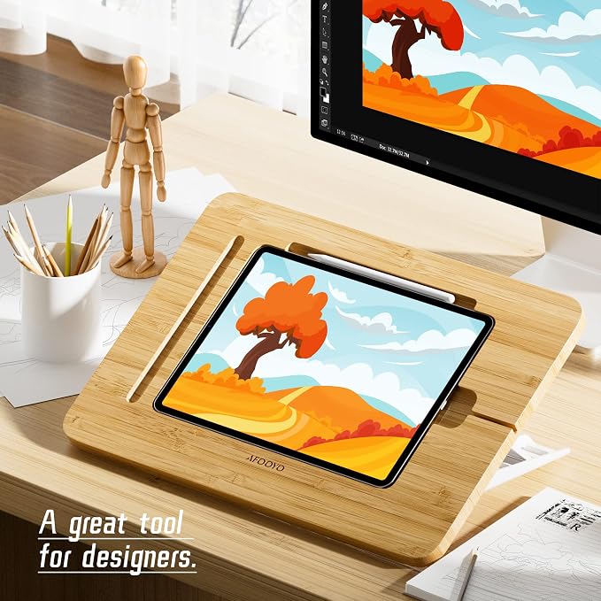 AFOOYO Wooden Tablet Drawing Stand - Portable & Adjustable 5 Angles for Laptop,Laptop Stand Riser,Compatible with 12.9/13 inch iPad Pro(3rd-6th Gen)