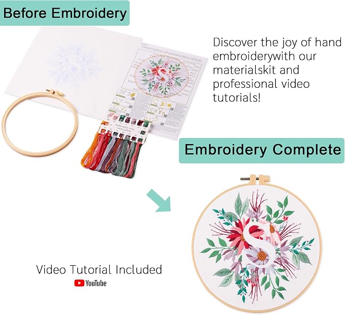 Harimau Letter Pattern S Embroidery Kit for Adult Beginners, Complete Starter Pack with 1 Hoop, Needles, Instruction Guide & Embroidery Stitch Video Tutorials