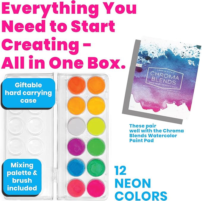 Ooly Chroma Blends Neon Watercolor Paint Set | Ages 6+, Bright Neon Colors in a Portable Case, Brush Included, Watercolor Art Supplies for Creative Kids and Adults