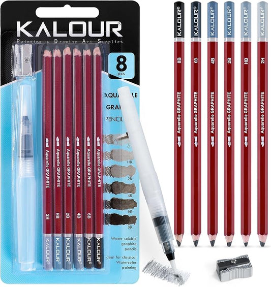 KALOUR PDAS Water-Soluble Graphite Aquarelle Drawing Pencils, 2H HB 2B 4B 6B 8B Grey, Professional Sketching Set with Water Brush and Pencil Sharpener