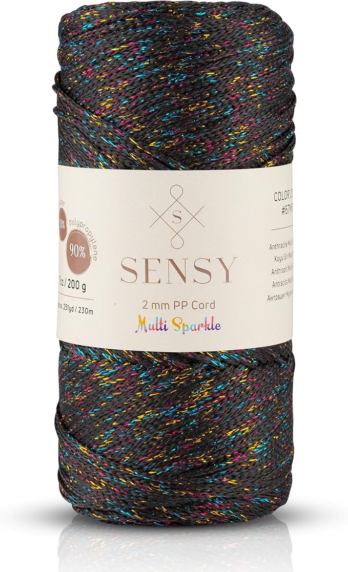 Sensy Premium 2mm 251 Yards Sparkle Polyester Rope 90% Polypropylene 10% Polyester Cord Macrame Cord 2mm Crochet Bag Cord Macrame Rope Crochet Thread for Knitter (Anthracite Multi Sparkle)