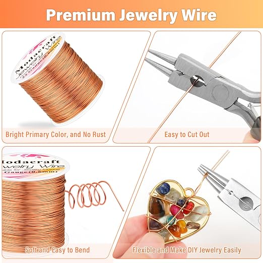 Modacraft 22 Gauge Copper Wire for Jewelry Making with 4 in 1 Plier, 164Ft/0.6mm Craft Beading Pure Bare Copper Wire for Jewelry Making Supplies and Crafting