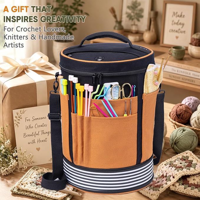 Canvas Yarn Storage Organizer with Removable Dividers, Crochet&Knitting Bag | Expandable canvas yarn organizer with removable dividers, yarn feed holes, project storage and multiple tool pockets