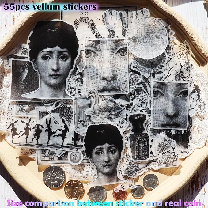 CATaireen Vintage Junk Journal Ephemera Scrapbooking Supplies Translucent Vellum Paper Stickers Card Making Decal Art Aesthetic for Adults (Character Dark -3)
