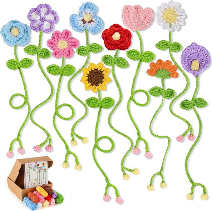 Joyclub Crochet Kit for Beginners 10 Flower Bookmarks for Adults | Flower bookmark with video and written guidance; first projects and handmade gifts for crochet starter book lovers teacher