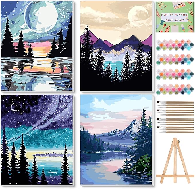 Ninonly Paint by Numbers Kit for Adults with Framed Canvas 4 Pack, Moon Night Paint by Number Arts Kits for Beginner with Wooden Easel, Acrylic Set, Brushes for Home Decor, 9 * 12 Inch