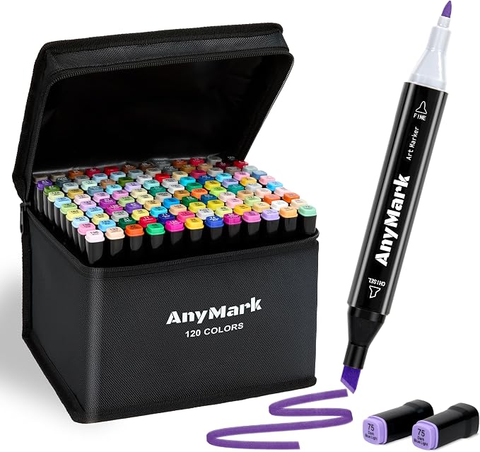 AnyMark Alcohol Markers, 120 Colors Dual Tip Art Coloring Markers Set | Alcohol Based Markers for Adult Book Drawing Sketching Painting, Chisel & Fine, Black Penholder