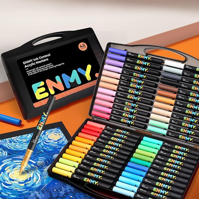 48 Colors Acrylic Paint Pens, Direct Liquid Acrylic Paint Marker Pens, Fabric Markers for Textile, Canvas, Rock, Glass, Wood, Paper, DIY, Acrylic Coloring Markers for DIY Craft Supplies