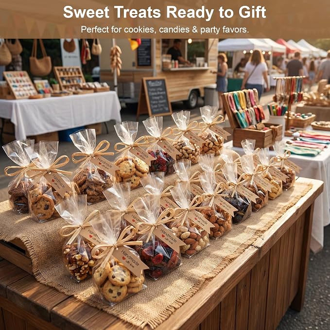 100 Pcs Clear Cellophane Bags 4.7x7" with Raffia Rope & Handmade with Love Tags for Packaging Soap Cookies Candy, Goodie Bag Wrappers for Wedding Christmas Craft Gift Birthday Party Baking Favor Supplies (Brown Tags)