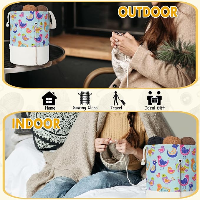 Yarn Bag, Small Crochet Bag Organizer, Drawstring Yarn Storage Knitting Bags, Portable Mini Yarn Holder for Crocheting Project, Store Skein Ball, Needles Accessories (Colorful Birds, Large)