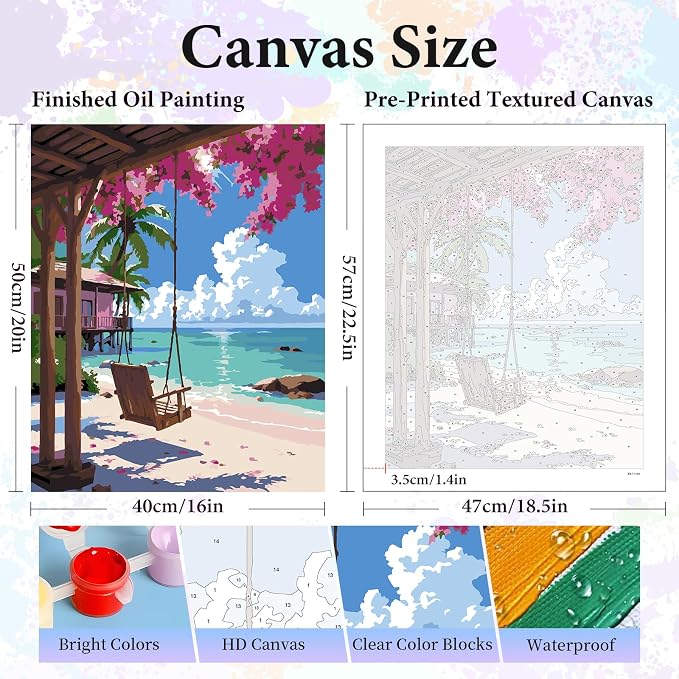 Paint by Numbers Kit for Adults, Tropical Beach Number Painting Canvas Kit | DIY Acrylic Painting Set for Beginners, Stress Relief Relaxing Craft, Home Wall Decor, Holiday Gift for Adults, 16x20 Inch