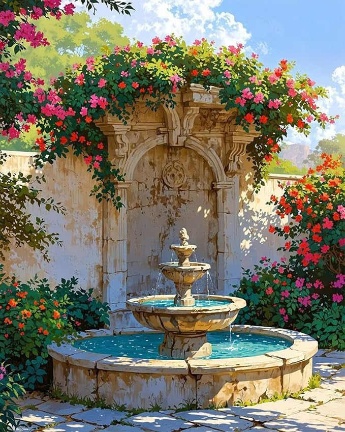 MBNTJHT Landscape Paint by Numbers Kit for Adults Beginner,DIY Fountain and Flowers Paint by Number Kits on Canvas,Unframed Watercolor Art Painting Kit Crafts for Home Wall Decor 16X20 Inch.