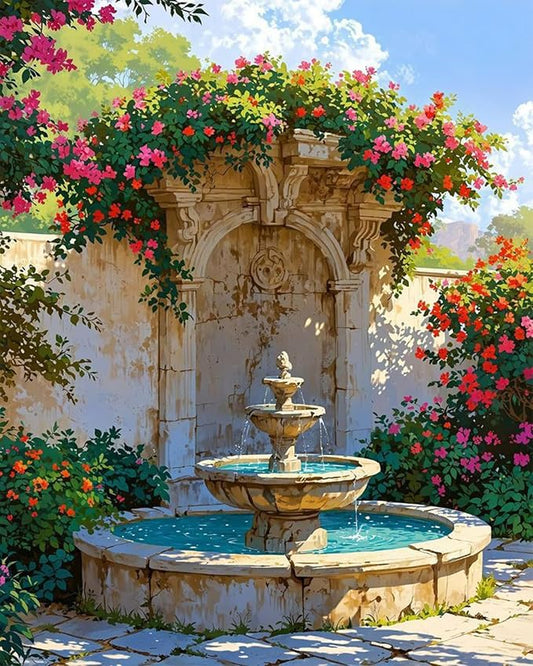 MBNTJHT Landscape Paint by Numbers Kit for Adults Beginner,DIY Fountain and Flowers Paint by Number Kits on Canvas,Unframed Watercolor Art Painting Kit Crafts for Home Wall Decor 16X20 Inch.