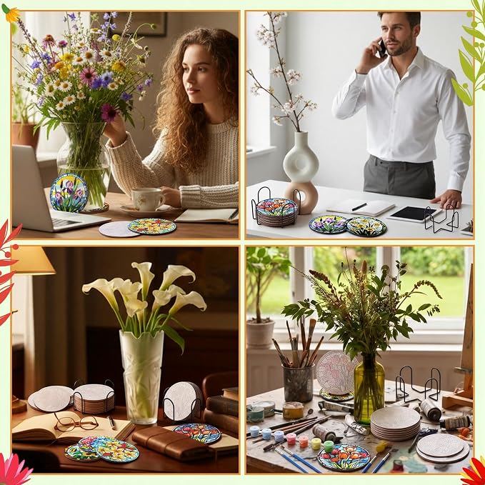 Reallnaive 16 Pcs Flower Paint by Numbers Kit for Adults Wood Floral Coaster