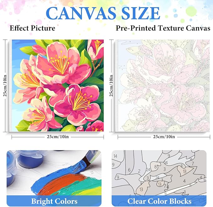 PRASIO 4 Pack Paint by Numbers Kit for Adults Framed Canvas with Wooden Easel, Flowers Easy Paint by Number Kits with Frame, Acrylic Watercolor Adult Paint by Number Kits on Canvas Framed 10x10 Inch