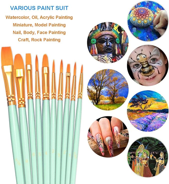 BOSOBO Paint Brushes Set, 6 Pack 60 Pcs Round Pointed Tip Paintbrushes Nylon Hair Artist Acrylic Paint Brushes for Acrylic Oil Watercolor, Face Nail Art, Miniature Detailing & Rock Painting, Green