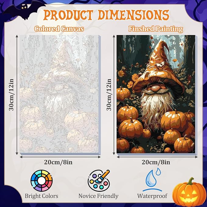 DOMROM Gnome Paint by Numbers Kit for Adults, Gnome DIY Acrylic Oil Painting on Canvas, Halloween Paint by Number Kit, Fall Home Decor Craft Gift 8x12 Inch
