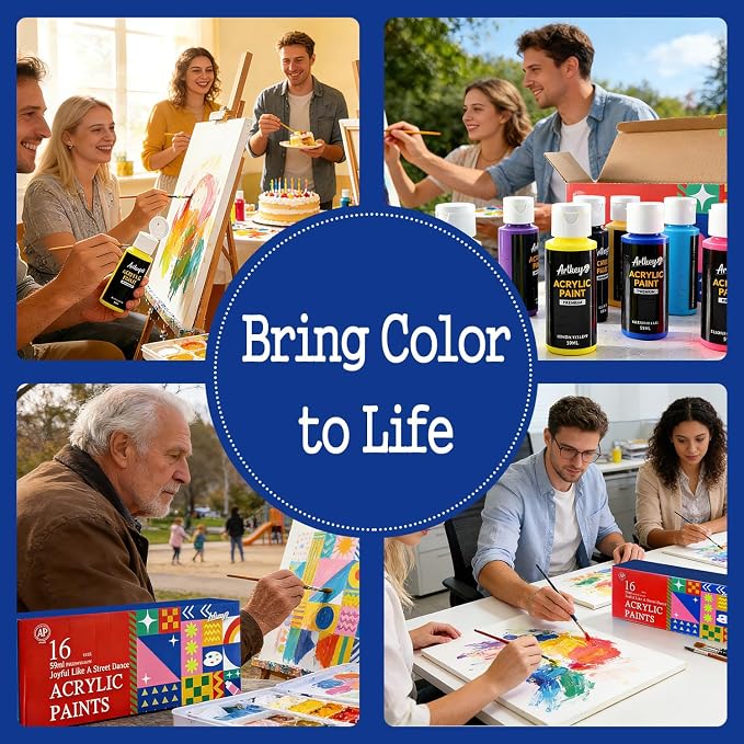 Artkey Acrylic Paint Set, 16 Colors 2 oz/59 ml Acrylic Paint Kit for Professional Artists & Beginners – Memphis Style “Pop Art Colors” Palette for Canvas, Wood, Fabric, Rock, Leather, Ceramic, Glass