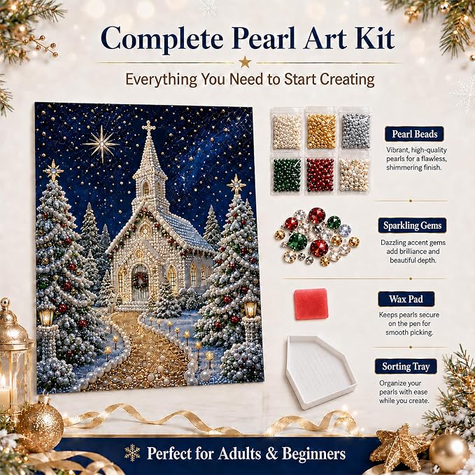 DIY Christmas Pearl Diamond Painting Kit, 5D Pearl Art Craft for Adults and Beginners, Christmas Church and Jesus Wall Decor, Holiday Gifts, 12 x 16 Inch (Church Design D)