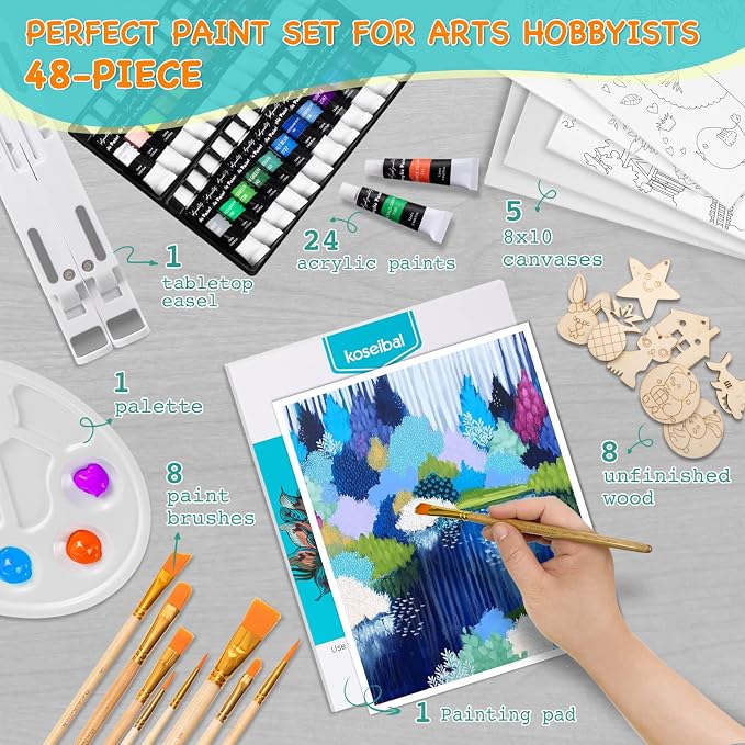 koseibal Kids Acrylic Paint Set with Canvas, Easel, More Art Supplies
