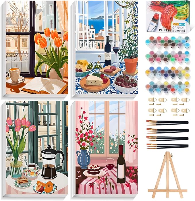 4 Pack Paint by Numbers Kit for Adults with Frame, Window Scenery & Flower | DIY Acrylic Painting Kit with Wooden Easel, Framed Paint by Number for Beginners, Home Wall Decor & Gift, 8 x 12 Inch