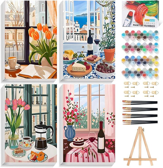 4 Pack Paint by Numbers Kit for Adults with Frame, Window Scenery & Flower | DIY Acrylic Painting Kit with Wooden Easel, Framed Paint by Number for Beginners, Home Wall Decor & Gift, 8 x 12 Inch
