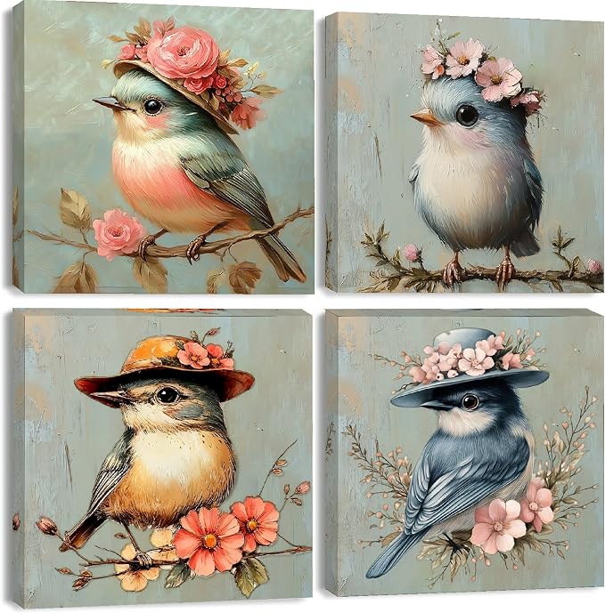 Clendo 4 Pack Bird Paint by Numbers Kit for Adults Beginners Framed - DIY Vintage Adults Paint by Numbers Kits on Canvas with Frame, Small Easy Acrylic Oil Painting for Home Wall Decor (8 x 8 Inch)