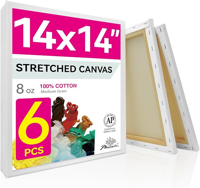 PHOENIX Stretched Canvas for Painting 14x14 Inch/6 Value Pack, 8 Oz Triple Primed 5/8 Inch Profile 100% Cotton White Blank Canvas, Square Framed Canvas for Oil Acrylic & Pouring Art