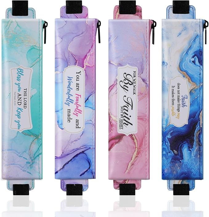 MoKo Elastic Pen Holder for Notebook, 4 Pack PU Leather Pouches, Marble