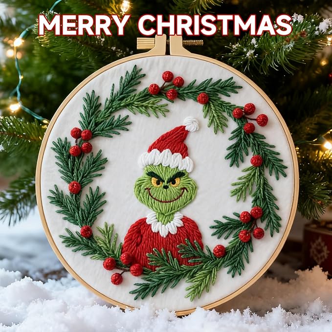 BBLYBD Christmas Embroidery Kit, 1 Set Cross Stitch Craft Kit for Beginners with Pre-Printed Embroidery Fabric, Hoop, Step-by-Step Instruction, Color Threads & Needles (Christmas-1 Set)