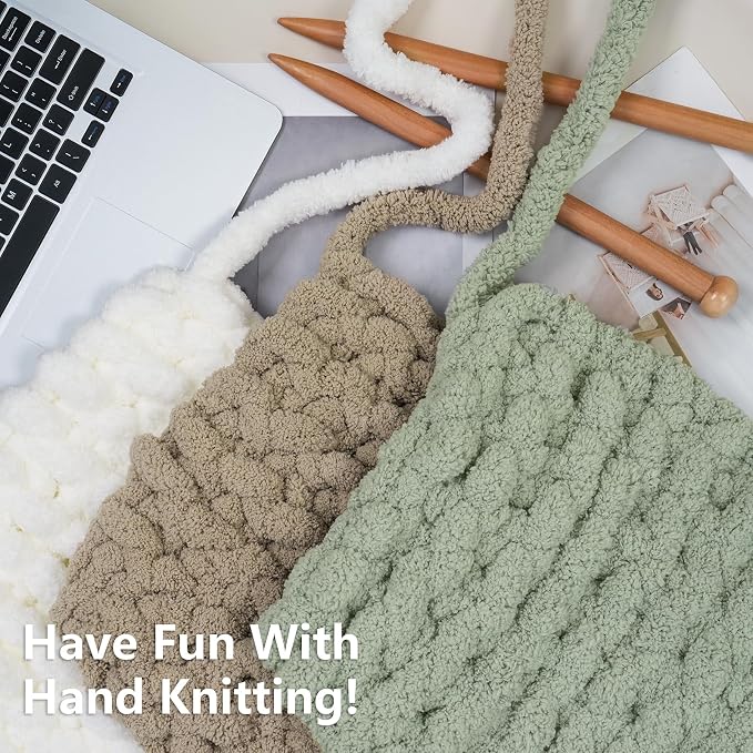 Cozyful Chunky Yarn for Hand Knitting - #10 Chunky Chenille Yarn, Jumbo Big Thick Chunky Yarns for Crocheting, Super Bulky Chunky Knit Blanket Yarns, 8 Skein (22yd, 8oz/Skein), Cream & Sage & Khaki