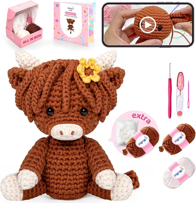 Mewaii Highland Cattle Crochet Kit for Beginners, 40% Extra Yarn | Video Tutorial, Pre-Started Piece, Gift Box, Level 1 Starter Kit, Family Craft for Adults, Kids & Beginners