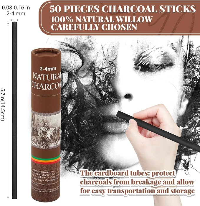 Gueevin 50 Pcs Soft Willow Charcoal Sticks Drawing,2-4mm | For Artists Beginners Students, Vine Charcoal Bulk for Sketching Shading Fine Art, Assorted Sizes, Back to School Gifts