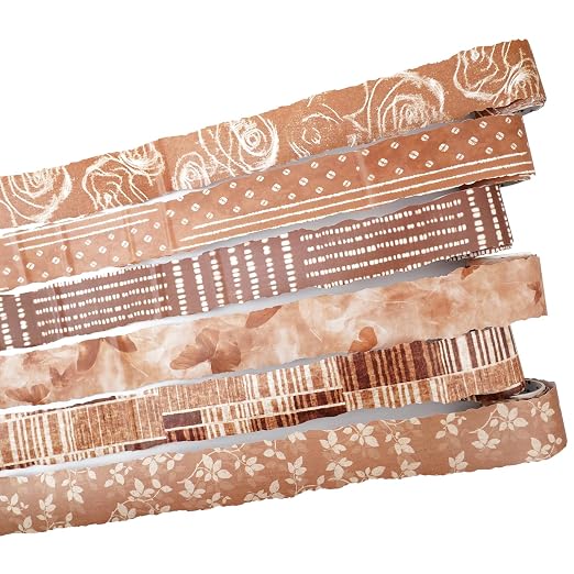 Tea-Dyed Scrapbook Washi Tape Set – 6 Rolls with Metal Clip, Torn Edge Brown Patterns Vintage Journal Collage Supplies for Junk Journal, Planner, Cardmaking & DIY Crafts