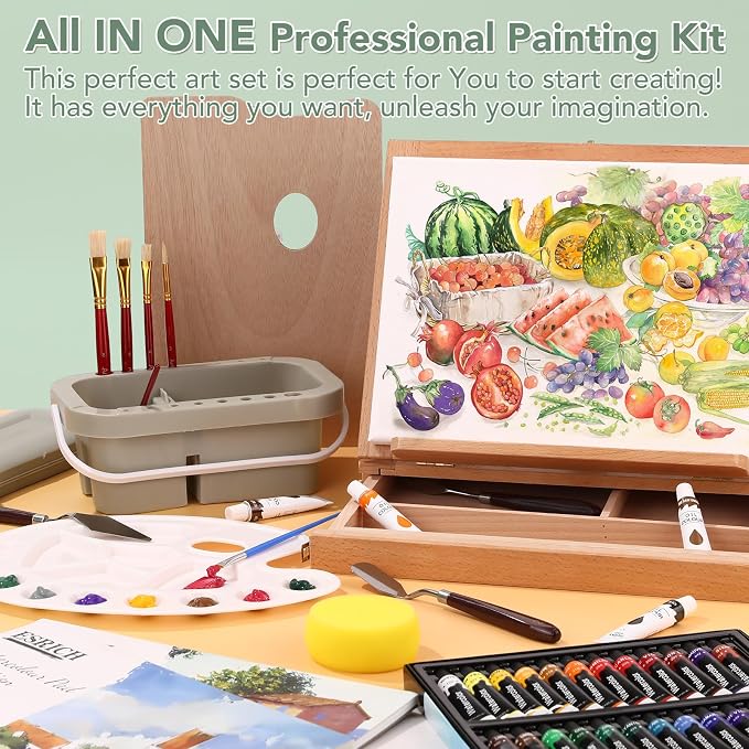 ESRICH 166 Pcs Deluxe Painting Set, Painting Supplies with 96 Paint | Metal and Beech Wood Easel, Oil, Watercolor & Acrylic Paint, Canvas, Paper Pads, 45 Paint Brushes for Adults, Kids, Artists