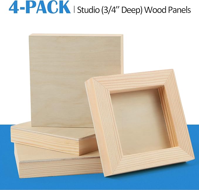 Falling in Art 4 Pack 4x4’’ Unfinished Birch Wood Panels Kit for Painting | Studio 3/4’’ Deep Wooden Canvas, Cradle Boards for Acrylic Pouring, Art, Crafts, Epoxy Resin, Laser Engraving Cutting