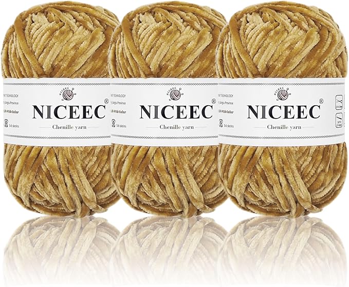 NICEEC 3 Skeins Soft Chenille Yarn 3 x85m (3X 93yds, 3X 50g)_Light Brown