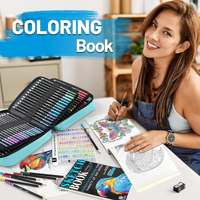 136 PCS Colored Pencils Set for Adult Coloring Books, 120 Colored Pencils | with Sketchbook, Coloring Book, Sharpener, Tutorial, Color Chart, Soft Core Oil-Based, Ideal for Drawing Blending Shading