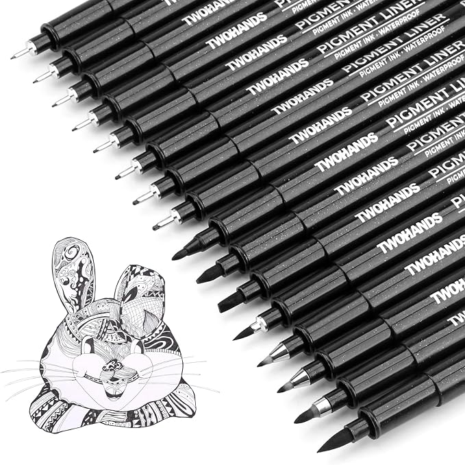 TWOHANDS Art Pen Drawing Marker Pens Fineliners, Set of 16, Black | Technical Drawing Marker, Pigment, For Art Watercolor, Sketching, Anime, Manga，21274