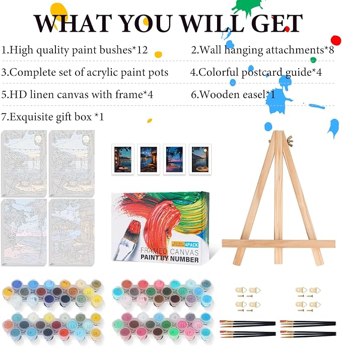 4 Pack Framed Paint by Numbers Kit for Adults Coffee with Wooden Easel | With Frame Canvas 8x12 IN, For Adults Beginner, DIY Acrylic Painting Landscape, Stress Relief Craft Kit, Home Wall Decor Gift